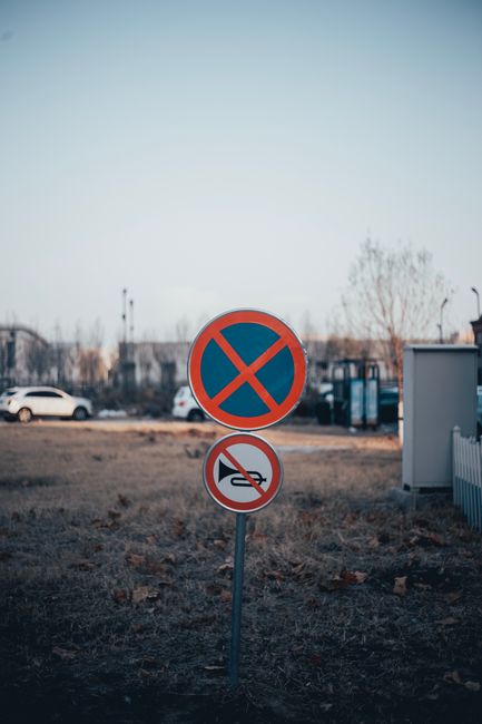A roadside scene featuring two traffic signs: a large circular sign with a blue background and red border indicating no parking or stopping, and a smaller circular sign beneath it with a black cigaret