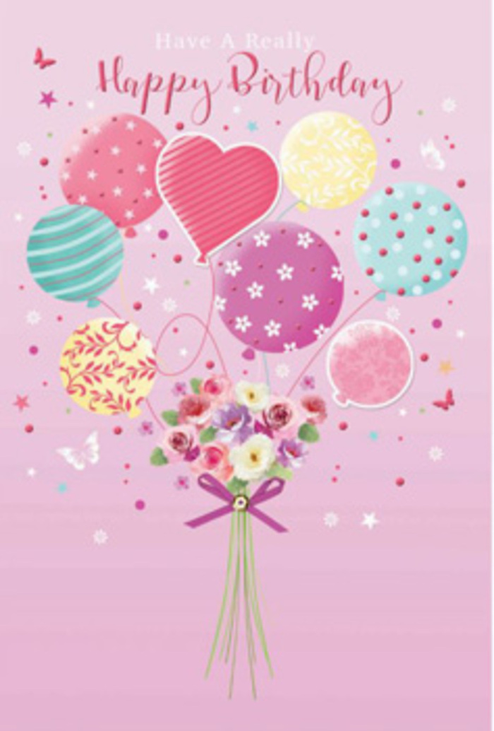 There is a sense of quiet, joyful celebration woven through this birthday artwork, as though time has paused for a moment over Lewisham to let the colours and flowers linger. The background is a soft, hazy pink, creating a warm stage on which the rest of the elements can shine. From the bottom of the scene rises a hand-tied bouquet, carefully composed of petite roses and daisy-like blooms. Their petals are richly layered yet delicate, shifting from creamy ivory through soft blush into deeper rose tones, with gentle hints of lavender and mauve that suggest edges brushed by morning light. The flowers are nestled closely but not crowded, giving the impression of a bouquet arranged with an expert's eye, like something you might collect from a favourite florist just off Lewisham High Street before a birthday gathering. From this dainty bed of petals springs a cluster of balloons, lifting the mood-and the eye-upward. The balloons glow with pale sunshine yellow, rosy fuchsia, and lavender, with some in soft sea-green tones that balance the warmer hues. Each balloon carries a playful pattern: swirling stripes that curl around their curves, tiny dots that feel like confetti frozen in mid-air, and subtle floral designs that echo the blossoms below. Fine highlights and shaded edges make them look three-dimensional, as though they could bob gently if you reached out. Around the flowers and balloons, whimsical butterflies appear to flit and hover, little accents of lightness that add to the dreamlike quality of the piece. Their wings are drawn with delicate lines, suggesting movement without overwhelming the calm mood. The entire arrangement whispers happiness rather than shouting it, making it perfect for a thoughtful birthday gesture, perhaps delivered to a home near Ladywell Fields or an intimate celebration in a Lewisham café.