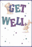 Embodying a sense of gentle encouragement, this get well card brings together two lovable characters-a teddy bear and a floppy-eared puppy-each joyfully intertwined with bold letters declaring 'Get Well' in vivid purple and teal. Their animated, affectionate poses and expressive eyes call to mind the sincerity that runs through Lewisham's close-knit community. The crisp, creamy white background amplifies the sense of cleanliness and renewal so vital in times of healing, while scattered stars-twinkling in a spectrum of blues and purples-add a touch of playful magic, reminiscent of the colours seen in bouquets from local markets near Lewisham Park. The soft, textured fur of the characters appears almost real, offering a comforting, tactile presence to anyone in need of a pick-me-up. The overall mood is one of light and warmth, perfect for sending heartfelt wishes for a swift recovery, and as uplifting as a delivery of fresh blooms straight from Flowers Lewisham to your loved one's door.