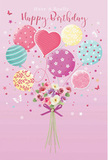 A whimsical birthday celebration unfolds on a soft pink canvas, the kind of gentle, joyful scene that would feel perfectly at home in a cosy Lewisham living room filled with laughter. At the top of the composition, pastel balloons drift upward with a sense of buoyant energy, as though they've just been released from someone's hand. Each balloon shows a distinct personality: some ripple with candy-coloured stripes in blush, mint, lemon, and lavender; others bloom with playful polka dots scattered across their rounded forms. At the heart of the cluster is a softly glowing heart-shaped balloon, its warm pink tone and subtle sheen radiating affection. The highlights and shadows on each balloon create the impression of smooth, helium-filled surfaces that catch and reflect light. Below this airy cluster, a rounded bouquet gathers in a tight, elegant grouping. Delicate roses and anemone-like blossoms in creamy ivory, blush pink, and gentle mauve nestle together, their feathery petals overlapping like layers of silk. The shading is so careful that you can almost feel the velvety texture and imagine the light, fresh fragrance you might notice when a birthday delivery from a local Lewisham florist arrives at the door. A violet satin bow ties the stems, its ribbon loops polished and gleaming, giving the arrangement a finishing touch of sophistication. Tiny stars and butterflies sprinkle the space around the balloons and flowers, adding a sprinkle of fairy-tale wonder, as if the whole scene were dusted with magic. The mood is light, bright, and tenderly festive-a visual wish for a birthday that feels special and unforgettable, whether celebrated near Hither Green, St John's, or right by Lewisham station.